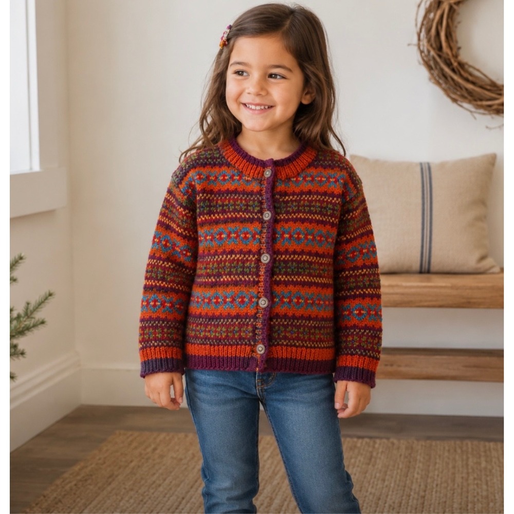 Handmade Fair Isle Knit Cardigan Sweater Multi-Color Button Front Kids Girls 5T